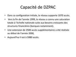 Capacité de DZPAC
• Dans sa configuration initiale, le réseau supporte 1070 accès.

• Vers la fin de l'année 1999, le réseau a connu une saturation
totale à l'échelle nationale suite aux besoins croissants des
structures financières (banques notamment).
• Une extension de 2500 accès supplémentaires a été réalisée
au début de l'année 2000,
• Aujourd'hui il est à 5980 accès.

 