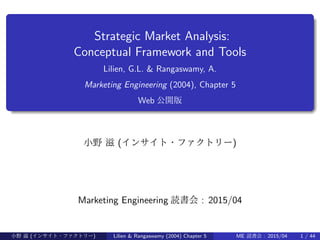 .
......
Strategic Market Analysis:
Conceptual Framework and Tools
Lilien, G.L. & Rangaswamy, A.
Marketing Engineering (2004), Chapter 5
Web 公開版
小野 滋 (インサイト・ファクトリー)
Marketing Engineering 読書会 : 2015/04
小野 滋 (インサイト・ファクトリー) Lilien & Rangaswamy (2004) Chapter 5 ME 読書会 : 2015/04 1 / 44
 