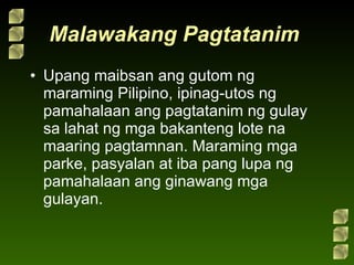 Malawakang Pagtatanim   Upang maibsan ang gutom ng maraming Pilipino, ipinag-utos ng pamahalaan ang pagtatanim ng gulay sa lahat ng mga bakanteng lote na maaring pagtamnan. Maraming mga parke, pasyalan at iba pang lupa ng pamahalaan ang ginawang mga gulayan. 