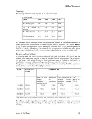 ABCDs of Government


Coverage
The coverage position of Delhi region as on 31-3-2002 is as under:

            [Figures in lacs]
              YEAR                        1999            2000        2001         2002

              No of employees             5.43            5.32        5.27         4.94

              No    of        insured     5.78            5.68        5.62         5.65
              persons
              No of beneficiaries         22.44           22.04       21.82        21.95


              No of employers             00.25           00.22       00.22        00.28



We can clearly find in the above column, that year by year, Number of Employees and number of
Beneficiaries covered are decreasing, the reason given the Assistant director of ESIC, Delhi P N khaul
is that, there has been a change in the pay scale yearly and as and when the pay scale increases above
Rs 6,500 the Number of Employees who come under the act are reduced, but he has also failed to note
an important point that number of new employees coming under the act are also increasing yearly.

Income and expenditure
It should be noted that the ESI Corporation controls the whole fund of the ESIC directly and the
regional office in particular state has no say with regard to financial administration. The corporation
has one budget yearly and it allocates the fund to particular state on the basis of total number of
beneficiaries, expenditure of the preceding year and requirement of the next year.
The position of contribution income realised and expenditure incurred by the Delhi corporation
during the last 3 years is shown below:[ figures in lacs]

 YEAR            Contribution                                     EXPENDITURE
                 income



                                         Cash & other             Administrat      Total expenditure on      ESI
                                         benefit                  ive              revenue     account       MEDICAL
                                         excluding                expenditure      excluding medical         DELHI
                                         medical benefit                           benefit
 1999-2000       9279.89                      759.84                  992.12          1751.97                 8385.19

 2000-2001       9601.16                         930.43               900.25           1830.69                9168.92


 2001-2001       9466.05                       933.18                 952.95           1886.13                9044.92

Note: the above figures do not contain the capitalised value expenditure in medical care during the years.

Expenditure includes expenditure on medical benefit, cash and other benefits, administrative
expenses and total expenditure of drugs and dressing with pay and allowances but excluding rent of
building.




Centre for Civil Society                                                                                           70
 
