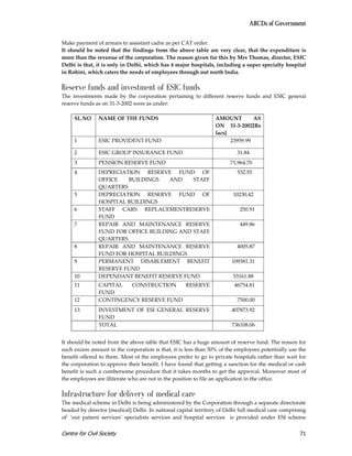 ABCDs of Government

Make payment of arrears to assistant cadre as per CAT order.
It should be noted that the findings from the above table are very clear, that the expenditure is
more than the revenue of the corporation. The reason given for this by Mrs Thomas, director, ESIC
Delhi is that, it is only in Delhi, which has 4 major hospitals, including a super specialty hospital
in Rohini, which caters the needs of employees through out north India.

Reserve funds and investment of ESIC funds
The investments made by the corporation pertaining to different reserve funds and ESIC general
reserve funds as on 31-3-2002 were as under:

     SL.NO      NAME OF THE FUNDS                               AMOUNT         AS
                                                                ON 31-3-2002[Rs
                                                                lacs]
     1          ESIC PROVIDENT FUND                                   23959.99

     2          ESIC GROUP INSURANCE FUND                                31.84
     3          PENSION RESERVE FUND                                   71,964.70
     4          DEPRECIATION RESERVE FUND OF                             532.55
                OFFICE   BUILDINGS    AND    STAFF
                QUARTERS
     5          DEPRECIATION RESERVE FUND OF                            10230.42
                HOSPITAL BUILDINGS
     6          STAFF CARS REPLACEMENTRESERVE                              250.91
                FUND
     7          REPAIR AND MAINTENANCE RESERVE                             449.86
                FUND FOR OFFICE BUILDING AND STAFF
                QUARTERS
     8          REPAIR AND MAINTENANCE RESERVE                           4005.87
                FUND FOR HOSPITAL BUILDINGS
     9          PERMANENT DISABLEMENT BENEFIT                          109381.31
                RESERVE FUND
     10         DEPENDANT BENEFIT RESERVE FUND                          53161.88
     11         CAPITAL  CONSTRUCTION    RESERVE                        46754.81
                FUND
     12         CONTINGENCY RESERVE FUND                                 7500.00
     13         INVESTMENT OF ESI GENERAL RESERVE                      407873.92
                FUND
                TOTAL                                                  736108.06


It should be noted from the above table that ESIC has a huge amount of reserve fund. The reason for
such excess amount in the corporation is that, it is less than 50% of the employees potentially use the
benefit offered to them. Most of the employees prefer to go to private hospitals rather than wait for
the corporation to approve their benefit. I have found that getting a sanction for the medical or cash
benefit is such a cumbersome procedure that it takes months to get the approval. Moreover most of
the employees are illiterate who are not in the position to file an application in the office.

Infrastructure for delivery of medical care
The medical scheme in Delhi is being administered by the Corporation through a separate directorate
headed by director [medical] Delhi. In national capital territory of Delhi full medical care comprising
of’ ‘out patient services’ specialists services and hospital services is provided under ESI scheme


Centre for Civil Society                                                                            71
 