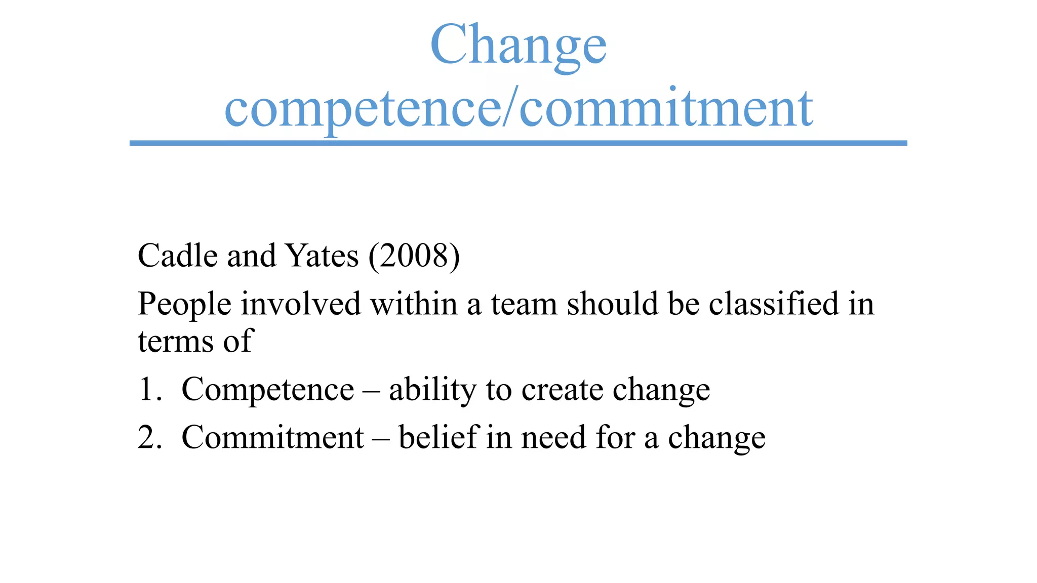 Change
competence/commitment
Cadle and Yates (2008)
People involved within a team should be classified in
terms of
1. Competence – ability to create change
2. Commitment – belief in need for a change
 