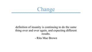 Change
definition of insanity is continuing to do the same
thing over and over again, and expecting different
results.
- Rita Mae Brown
 