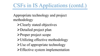 CSFs in IS Applications (contd.)
Appropriate technology and project
methodology
Clearly stated objectives
Detailed project plan
Proper project scope
Utilizing effective methodology
Use of appropriate technology
Effective system implementation
 