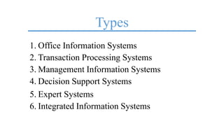 Types
1. Office Information Systems
2. Transaction Processing Systems
3. Management Information Systems
4. Decision Support Systems
5. Expert Systems
6. Integrated Information Systems
 