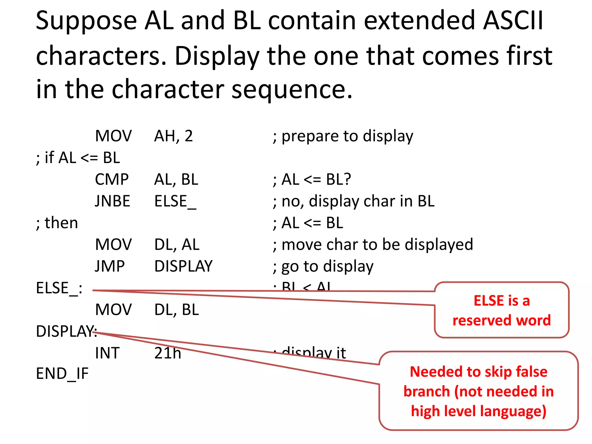Suppose AL and BL contain extended ASCII characters. Display the one that comes first in the character sequence. MOV AH, 2 ; prepare to display ; if AL <= BL CMP AL, BL ; AL <= BL? JNBE ELSE_ ; no, display char in BL ; then ; AL <= BL MOV DL, AL ; move char to be displayed JMP DISPLAY ; go to display ELSE_: ; BL < AL MOV DL, BL DISPLAY: INT 21h ; display it END_IF 26 ELSE is a reserved word Needed to skip false branch (not needed in high level language) 