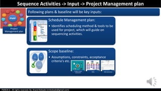 PMBOK 6 - All rights reserved; By: Anand Bobade (nmbobade@gmail.com)
Project
Management plan
Following plans & baseline will be key inputs:
Schedule Management plan:
• Identifies scheduling method & tools to be
used for project, which will guide on
sequencing activities.
Scope baseline:
• Assumptions, constraints, acceptance
criteria's etc.
Sequence Activities -> Input -> Project Management plan
Project scope
statement:
WBS: WBS dictionary
 