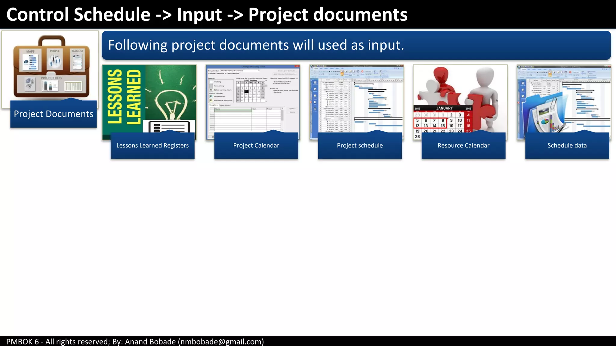 PMBOK 6 - All rights reserved; By: Anand Bobade (nmbobade@gmail.com)
Project Documents
Control Schedule -> Input -> Project documents
Lessons Learned Registers Project Calendar Project schedule Resource Calendar Schedule data
Following project documents will used as input.
 