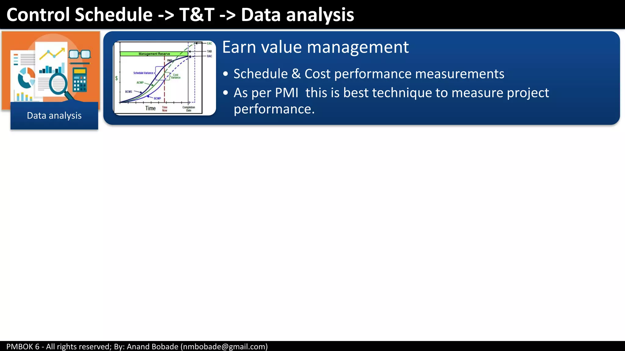 PMBOK 6 - All rights reserved; By: Anand Bobade (nmbobade@gmail.com)
Control Schedule -> T&T -> Data analysis
Data analysis
Earn value management
• Schedule & Cost performance measurements
• As per PMI this is best technique to measure project
performance.
 