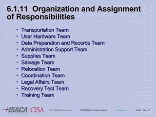 6.1.11  Organization   and Assignment of Responsibilities Transportation Team User Hardware Team Data Preparation and Records Team Administration Support Team Supplies Team Salvage Team Relocation Team Coordination Team Legal Affairs Team Recovery Test Team Training Team 