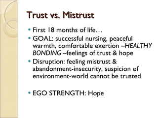 Trust vs. Mistrust First 18 months of life… GOAL: successful nursing, peaceful warmth, comfortable exertion – HEALTHY BONDING – feelings of trust & hope Disruption: feeling mistrust & abandonment-insecurity, suspicion of environment-world cannot be trusted EGO STRENGTH: Hope 
