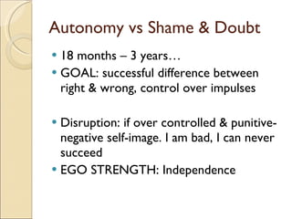 Autonomy vs Shame & Doubt 18 months – 3 years… GOAL: successful difference between right & wrong, control over impulses Disruption: if over controlled & punitive-negative self-image. I am bad, I can never succeed EGO STRENGTH: Independence 