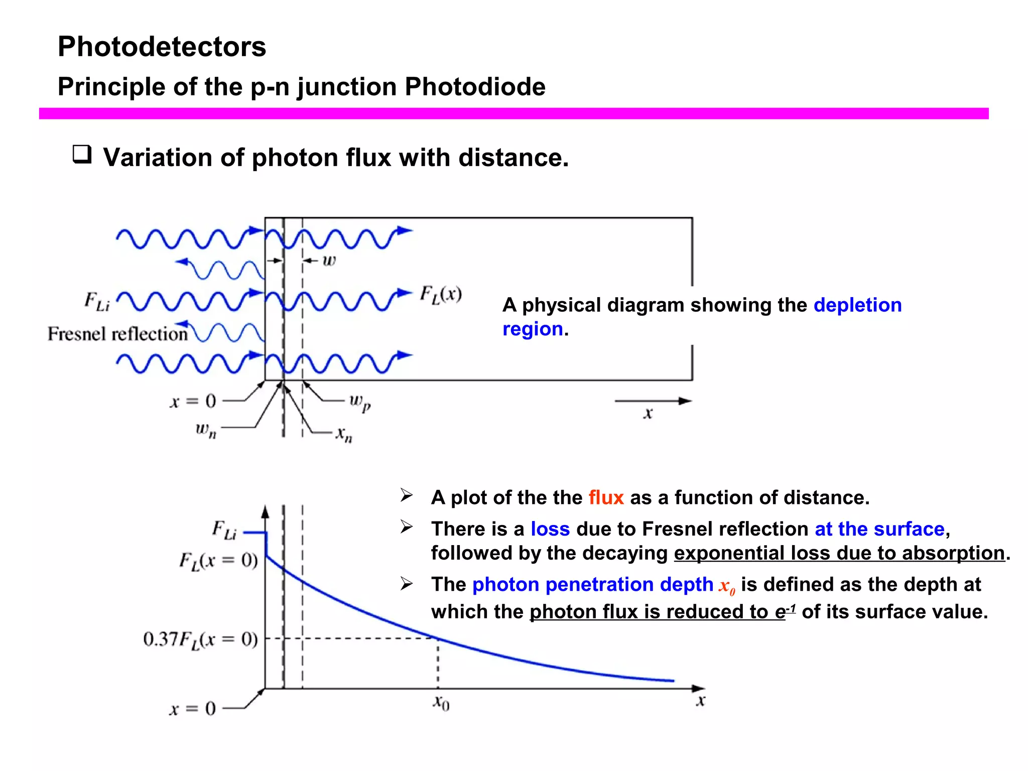 Photodetectors 
Principle of the p-n junction Photodiode 
 Variation of photon flux with distance. 
A physical diagram showing the depletion 
region. 
 A plot of the the flux as a function of distance. 
 There is a loss due to Fresnel reflection at the surface, 
followed by the decaying exponential loss due to absorption. 
 The photon penetration depth x0 is defined as the depth at 
which the photon flux is reduced to e-1 of its surface value. 
 