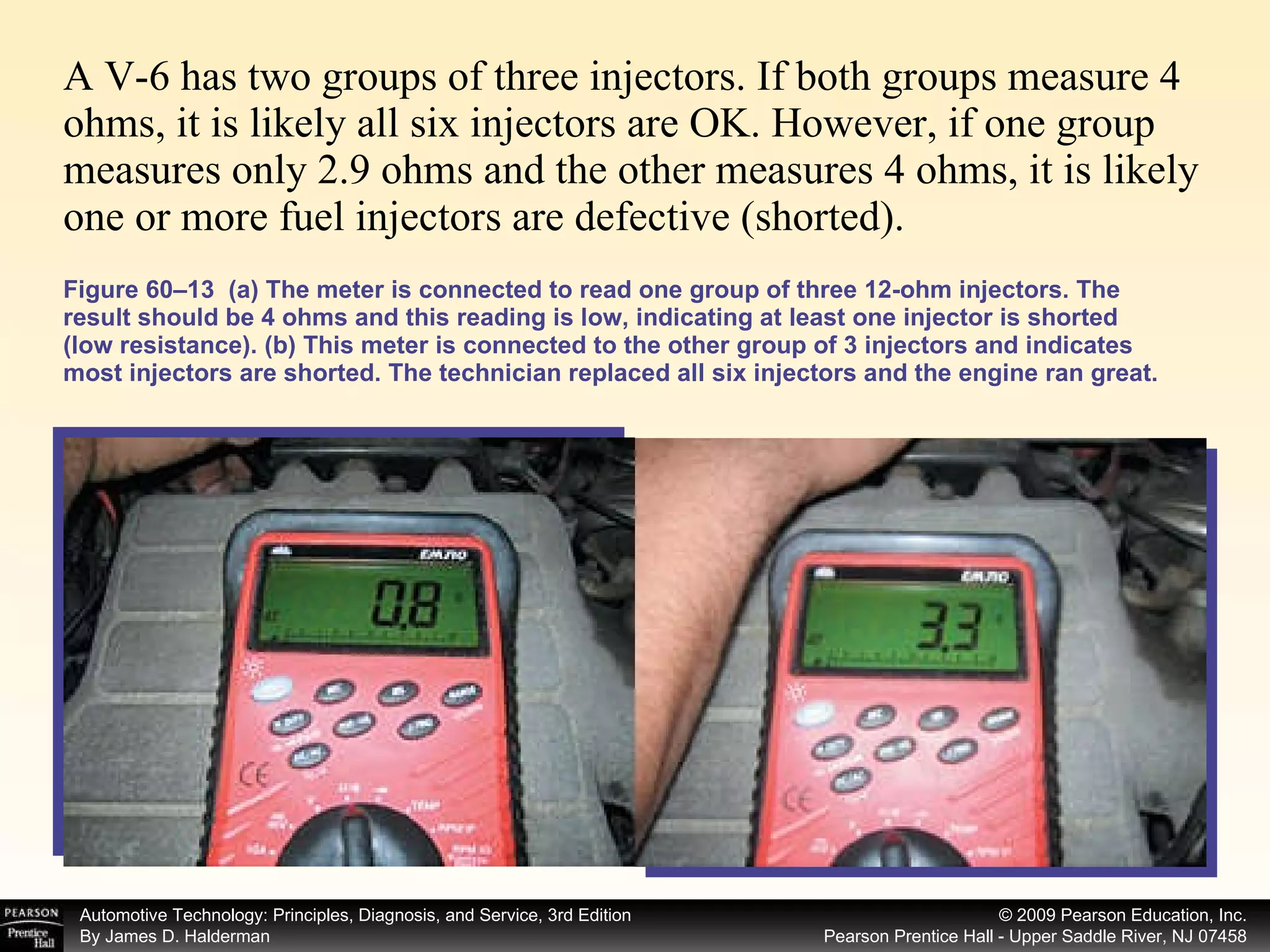 Figure 60–13  (a) The meter is connected to read one group of three 12-ohm injectors. The result should be 4 ohms and this reading is low, indicating at least one injector is shorted (low resistance). (b) This meter is connected to the other group of 3 injectors and indicates most injectors are shorted. The technician replaced all six injectors and the engine ran great. A V-6 has two groups of three injectors. If both groups measure 4 ohms, it is likely all six injectors are OK. However, if one group measures only 2.9 ohms and the other measures 4 ohms, it is likely one or more fuel injectors are defective (shorted).  