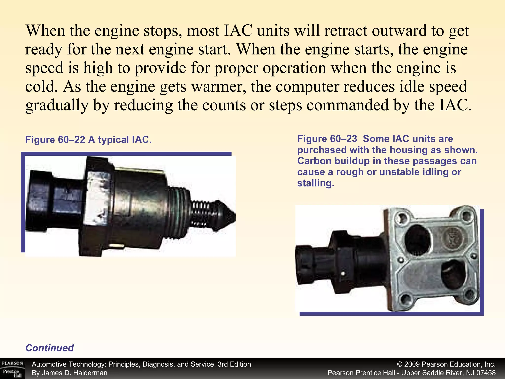 When the engine stops, most IAC units will retract outward to get ready for the next engine start. When the engine starts, the engine speed is high to provide for proper operation when the engine is cold. As the engine gets warmer, the computer reduces idle speed gradually by reducing the counts or steps commanded by the IAC. Figure 60–23  Some IAC units are purchased with the housing as shown. Carbon buildup in these passages can cause a rough or unstable idling or stalling. Continued Figure 60–22 A typical IAC. 