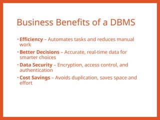 Business Benefits of a DBMS
• Efficiency – Automates tasks and reduces manual
work
• Better Decisions – Accurate, real-time data for
smarter choices
• Data Security – Encryption, access control, and
authentication
• Cost Savings – Avoids duplication, saves space and
effort
 