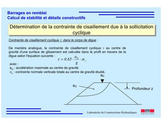 ÉC OLE POLY TEC HNIQUE
FÉDÉRALE D E LAUSANNE
Laboratoire de Constructions Hydrauliques
Barrages en remblai
Calcul de stabilité et détails constructifs
Détermination de la contrainte de cisaillement due à la sollicitation
cyclique
Détermination de la contrainte de cisaillement due à la sollicitation
cyclique
Contrainte de cisaillement cyclique τ dans le corps de digue :
De manière analogue, la contrainte de cisaillement cyclique τ au centre de
gravité d'une surface de glissement est calculée dans le profil en travers de la
digue selon l'équation suivante :
v
G
g
a
65.0 στ ⋅⋅=
avec :
aG : accélération maximale au centre de gravité
σv : contrainte normale verticale totale au centre de gravité étudié.
aG
aD
Profondeur z
 