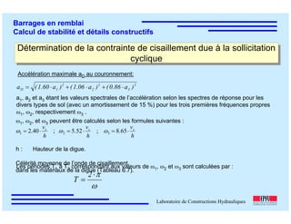 ÉC OLE POLY TEC HNIQUE
FÉDÉRALE D E LAUSANNE
Laboratoire de Constructions Hydrauliques
Barrages en remblai
Calcul de stabilité et détails constructifs
Détermination de la contrainte de cisaillement due à la sollicitation
cyclique
Détermination de la contrainte de cisaillement due à la sollicitation
cyclique
Accélération maximale aD au couronnement:
2
3
2
2
2
1D )a86.0()a06.1()a60.1(a ⋅+⋅+⋅=
a1, a2 et a3 étant les valeurs spectrales de l’accélération selon les spectres de réponse pour les
divers types de sol (avec un amortissement de 15 %) pour les trois premières fréquences propres
ω1, ω2, respectivement ω3 .
ω1, ω2, et ω3 peuvent être calculés selon les formules suivantes :
h
v
h
v
h
v sss
⋅=⋅=⋅= 65.8;52.5;40.2 321 ωωω
h : Hauteur de la digue.
Célérité moyenne de l’onde de cisaillement
dans les matériaux de la digue (Tableau 6.7).
Les périodes T1 à T3 correspondant aux valeurs de ω1, ω2 et ω3 sont calculées par :
ω
π⋅
=
2
T
 