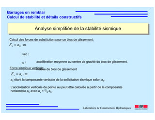 ÉC OLE POLY TEC HNIQUE
FÉDÉRALE D E LAUSANNE
Laboratoire de Constructions Hydrauliques
Barrages en remblai
Calcul de stabilité et détails constructifs
Analyse simplifiée de la stabilité sismiqueAnalyse simplifiée de la stabilité sismique
Calcul des forces de substitution pour un bloc de glissement:
maE Gh ⋅=
vec :
G : accélération moyenne au centre de gravité du bloc de glissement.
: masse du bloc de glissementForce sismique verticale:
maE vv ⋅=
av étant la composante verticale de la sollicitation sismique selon ah.
L’accélération verticale de pointe au peut être calculée à partir de la composante
horizontale ah avec av = 2/3 ah.
 