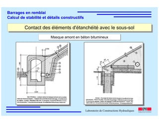 ÉC OLE POLY TEC HNIQUE
FÉDÉRALE D E LAUSANNE
Laboratoire de Constructions Hydrauliques
Barrages en remblai
Calcul de stabilité et détails constructifs
Contact des éléments d'étanchéité avec le sous-solContact des éléments d'étanchéité avec le sous-sol
Masque amont en béton bitumineuxMasque amont en béton bitumineux
 