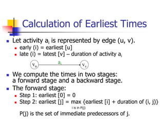 Calculation of Earliest Times
 Let activity ai is represented by edge (u, v).
 early (i) = earliest [u]
 late (i) = lat...