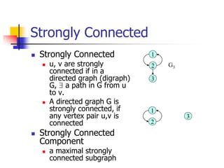 Strongly Connected
 Strongly Connected
 u, v are strongly
connected if in a
directed graph (digraph)
G,  a path in G fr...