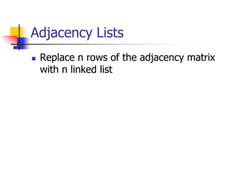 Adjacency Lists
 Replace n rows of the adjacency matrix
with n linked list
 