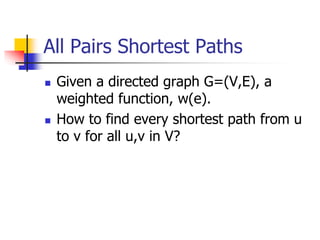 All Pairs Shortest Paths
 Given a directed graph G=(V,E), a
weighted function, w(e).
 How to find every shortest path fr...