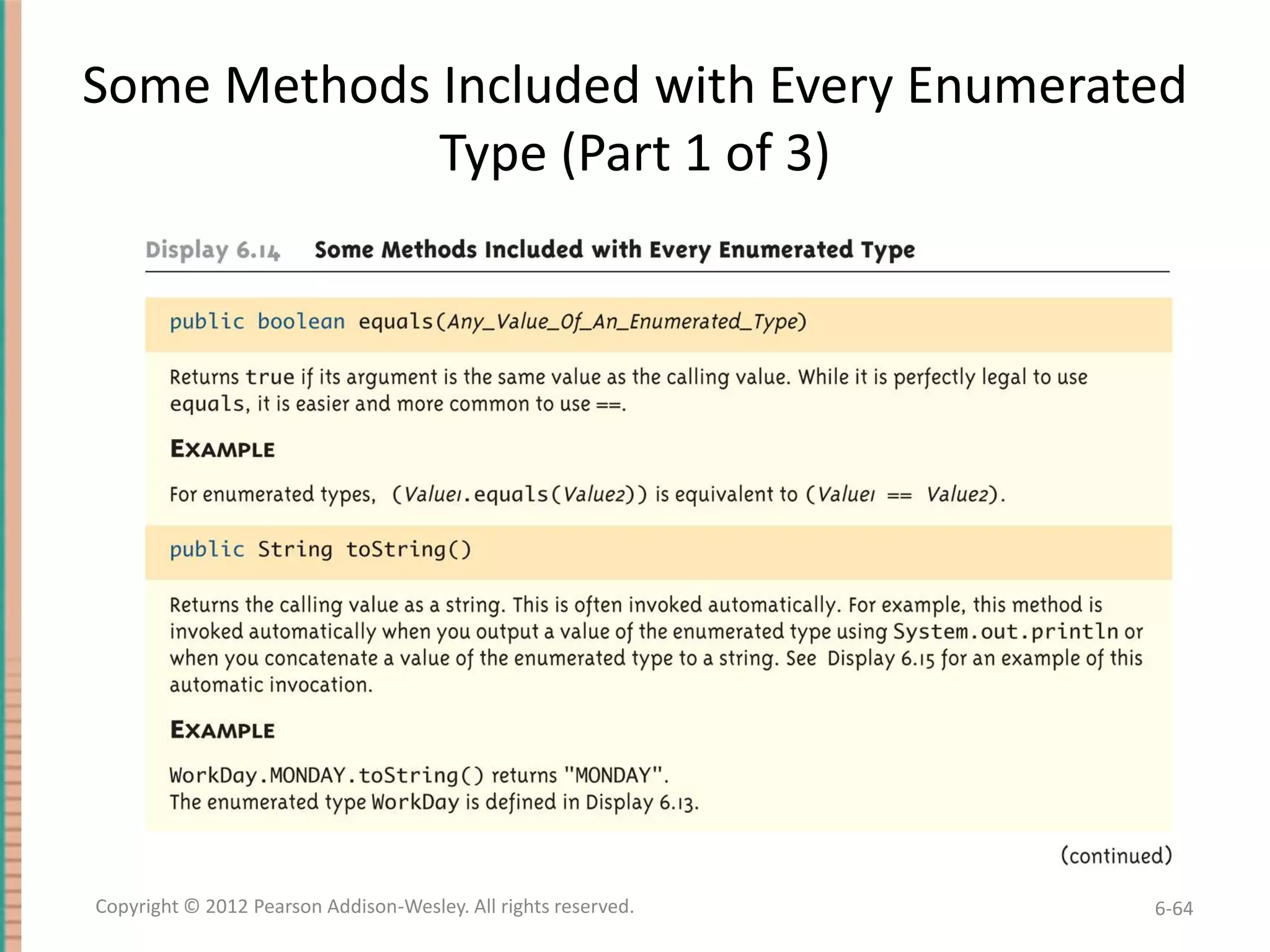 Some Methods Included with Every Enumerated
Type (Part 1 of 3)

Copyright © 2012 Pearson Addison-Wesley. All rights reserved.

6-64

 