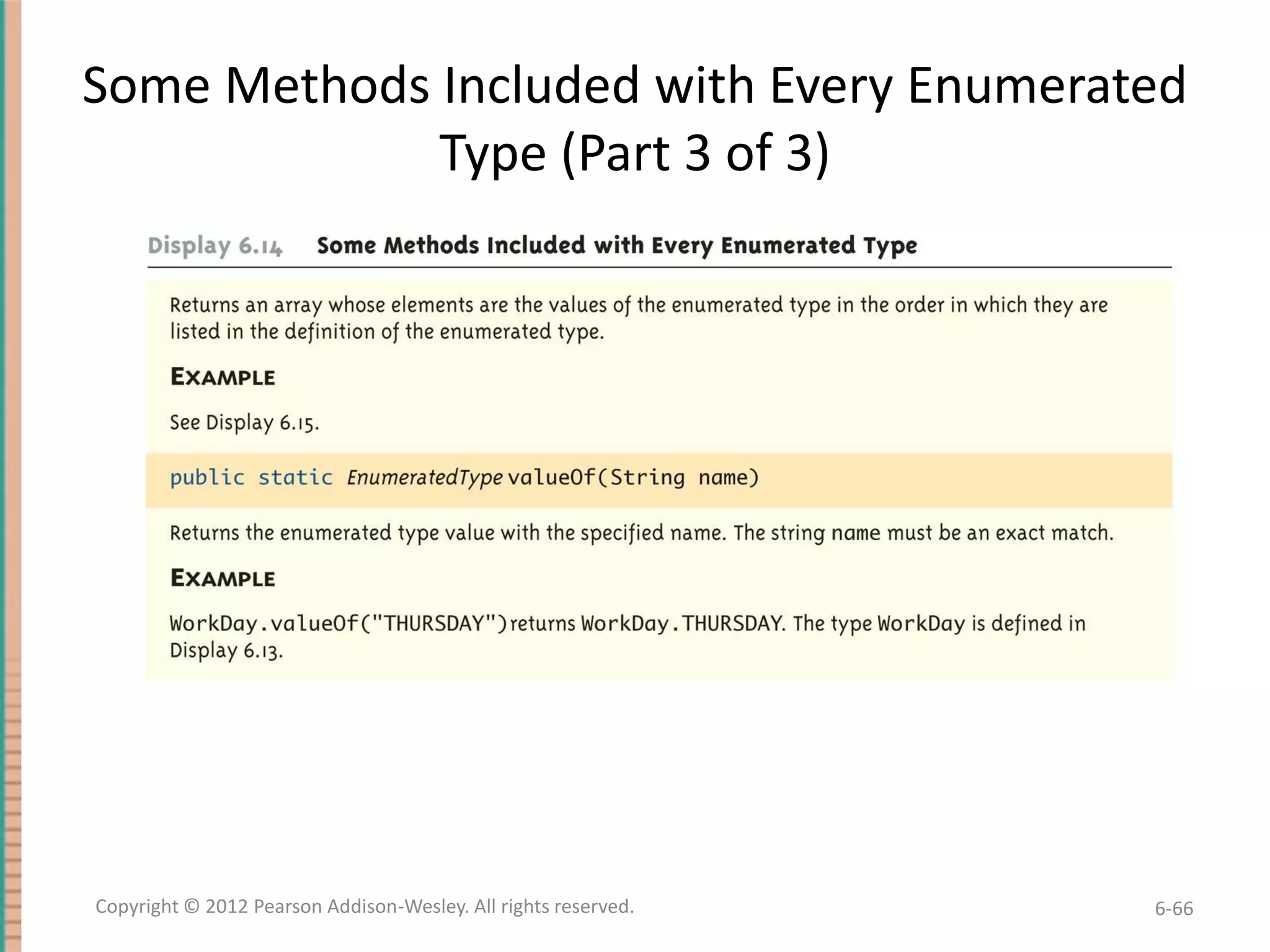 Some Methods Included with Every Enumerated
Type (Part 3 of 3)

Copyright © 2012 Pearson Addison-Wesley. All rights reserved.

6-66

 