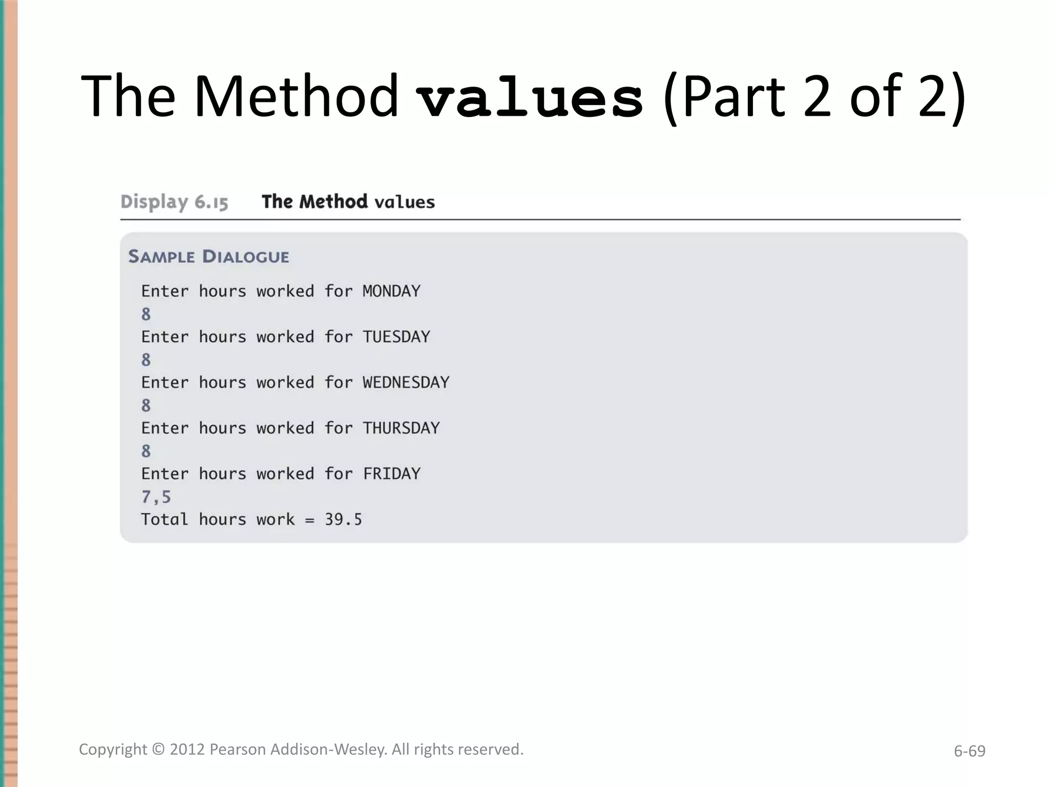 The Method values (Part 2 of 2)

Copyright © 2012 Pearson Addison-Wesley. All rights reserved.

6-69

 
