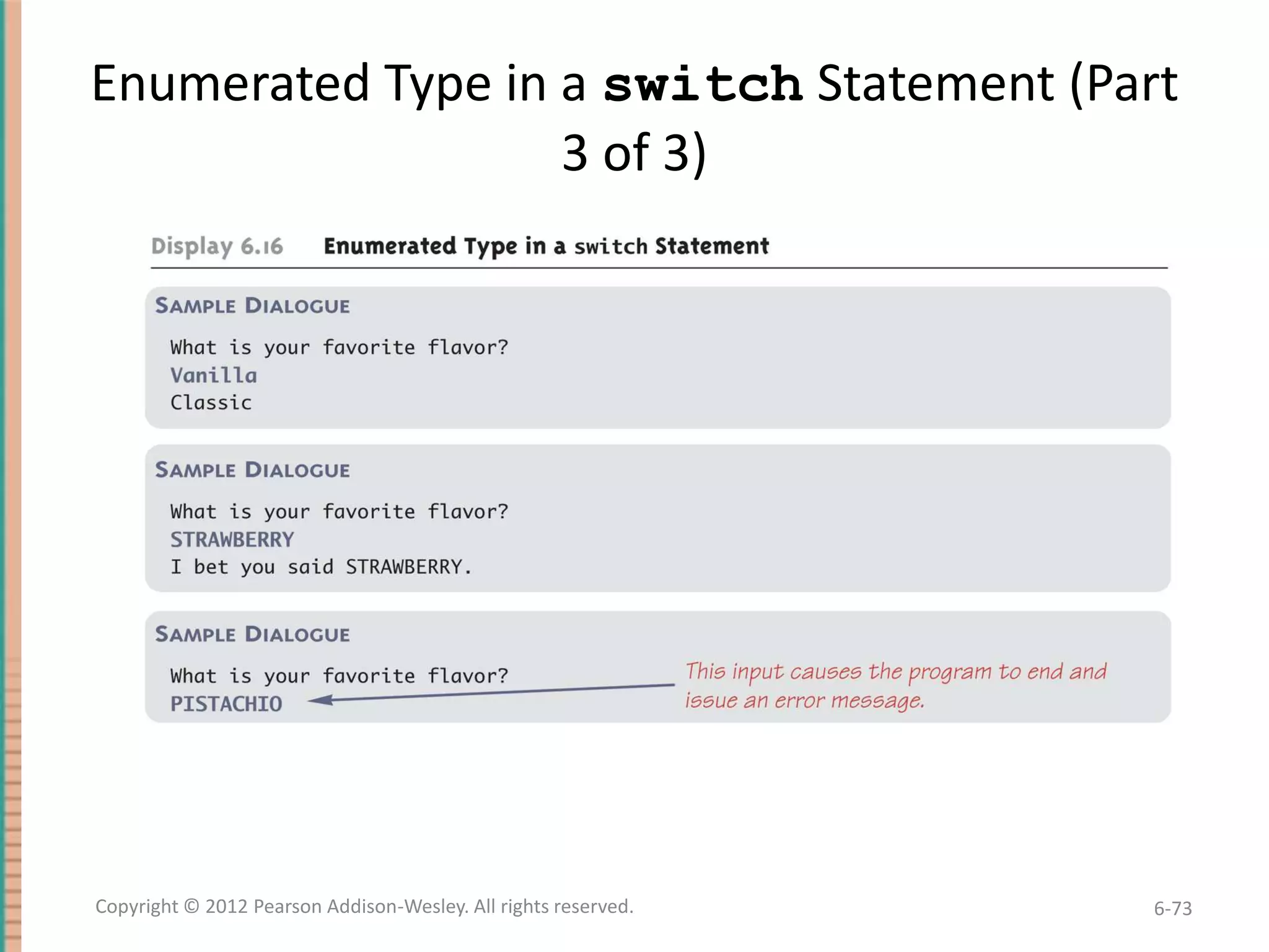 Enumerated Type in a switch Statement (Part
3 of 3)

Copyright © 2012 Pearson Addison-Wesley. All rights reserved.

6-73

 