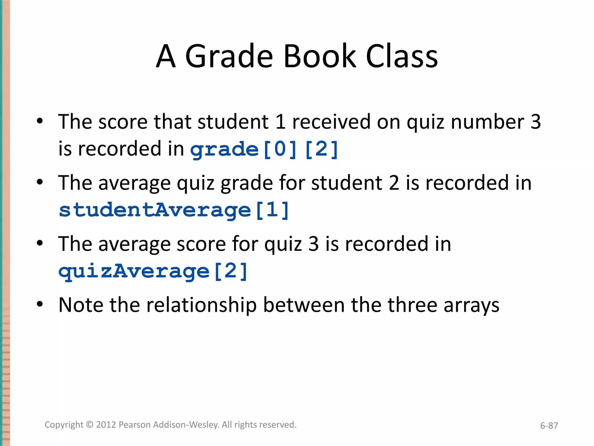 A Grade Book Class
• The score that student 1 received on quiz number 3
is recorded in grade[0][2]
• The average quiz grade for student 2 is recorded in
studentAverage[1]
• The average score for quiz 3 is recorded in
quizAverage[2]
• Note the relationship between the three arrays

Copyright © 2012 Pearson Addison-Wesley. All rights reserved.

6-87

 