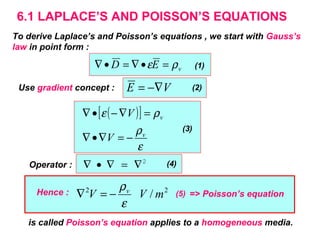 6.1 LAPLACE’S AND POISSON’S EQUATIONS
To derive Laplace’s and Poisson’s equations , we start with Gauss’s
law in point form :
vED ρε =•∇=•∇
VE −∇=Use gradient concept :
( )[ ]
ε
ρ
ρε
v
v
V
V
−=∇•∇
=∇−•∇
2
∇=∇•∇Operator :
Hence :
(1)
(2)
(3)
(4)
(5) => Poisson’s equation
is called Poisson’s equation applies to a homogeneous media.
22
/ mVV v
ε
ρ
−=∇
 