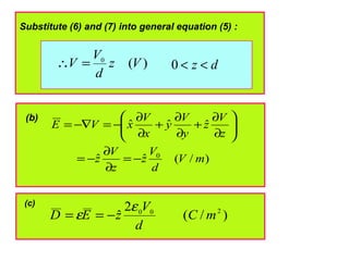 )(0
Vz
d
V
V =∴
Substitute (6) and (7) into general equation (5) :
dz <<0
)/(ˆˆ
ˆˆˆ
0
mV
d
V
z
z
V
z
z
V
z
y
V
y
x
V
xVE
−=
∂
∂
−=






∂
∂
+
∂
∂
+
∂
∂
−=−∇=
(b)
)/(
2
ˆ 200
mC
d
V
zED
ε
ε −==
(c)
 