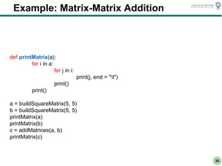 CS303E Slideset 2: 20
CS303E Slideset 2: 20 Simple Python
Python
20
Example: Matrix-Matrix Addition
def printMatrix(a):
for i in a:
for j in i:
print(j, end = "t")
print()
print()
a = buildSquareMatrix(5, 5)
b = buildSquareMatrix(5, 5)
printMatrix(a)
printMatrix(b)
c = addMatrices(a, b)
printMatrix(c)
 