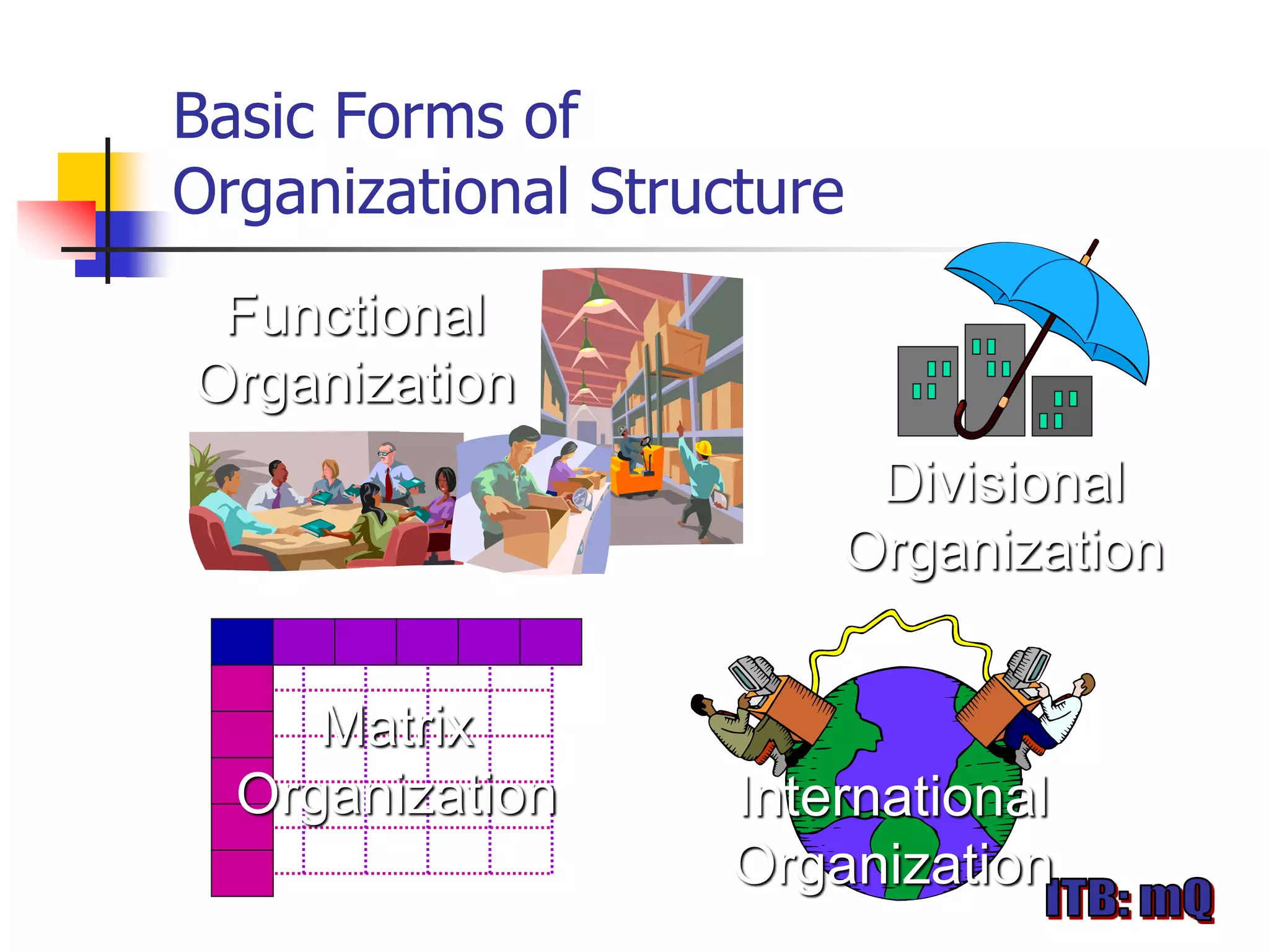 Basic Forms of
Organizational Structure
 Functional
Organization
                        Divisional
                       Organization


     Matrix
  Organization     International
                   Organization
 