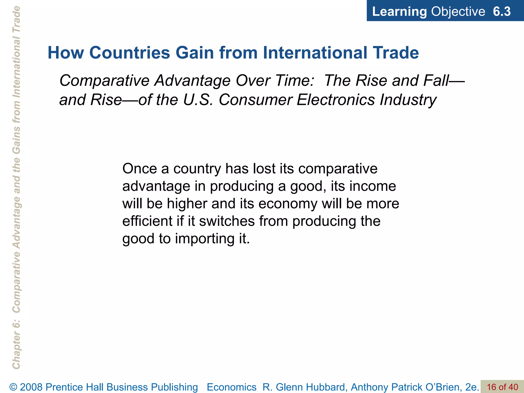 How Countries Gain from International Trade Learning  Objective  6.3 Comparative Advantage Over Time:  The Rise and Fall—and Rise—of the U.S. Consumer Electronics Industry Once a country has lost its comparative advantage in producing a good, its income will be higher and its economy will be more efficient if it switches from producing the good to importing it. 