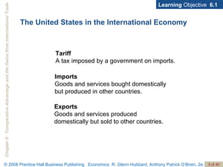 The United States in the International Economy Tariff   A tax imposed by a government on imports. Learning  Objective  6.1 Imports   Goods and services bought domestically but produced in other countries. Exports   Goods and services produced domestically but sold to other countries. 