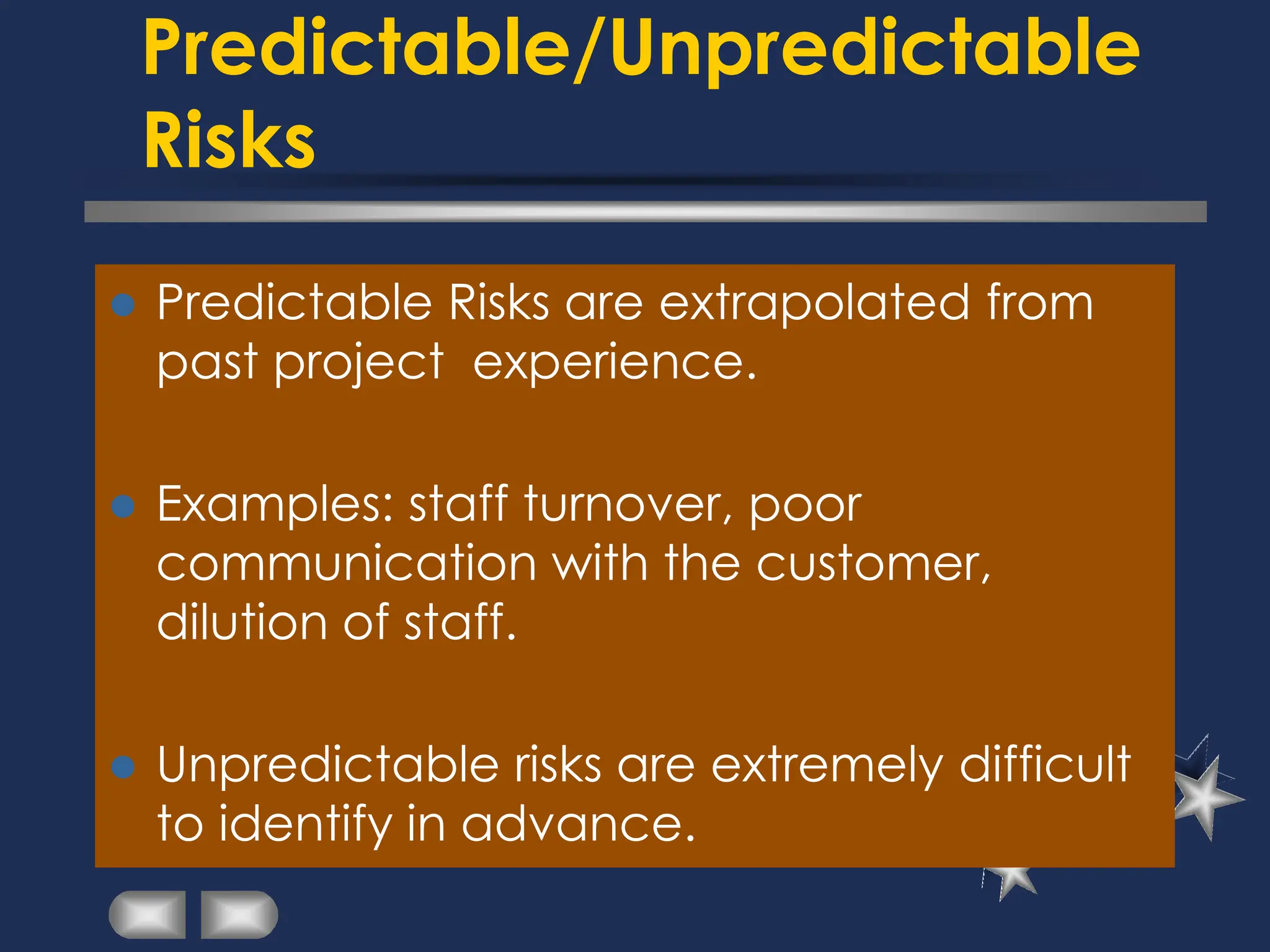 Predictable/Unpredictable
Risks
⚫ Predictable Risks are extrapolated from
past project experience.
⚫ Examples: staff turnover, poor
communication with the customer,
dilution of staff.
⚫ Unpredictable risks are extremely difficult
to identify in advance.
 