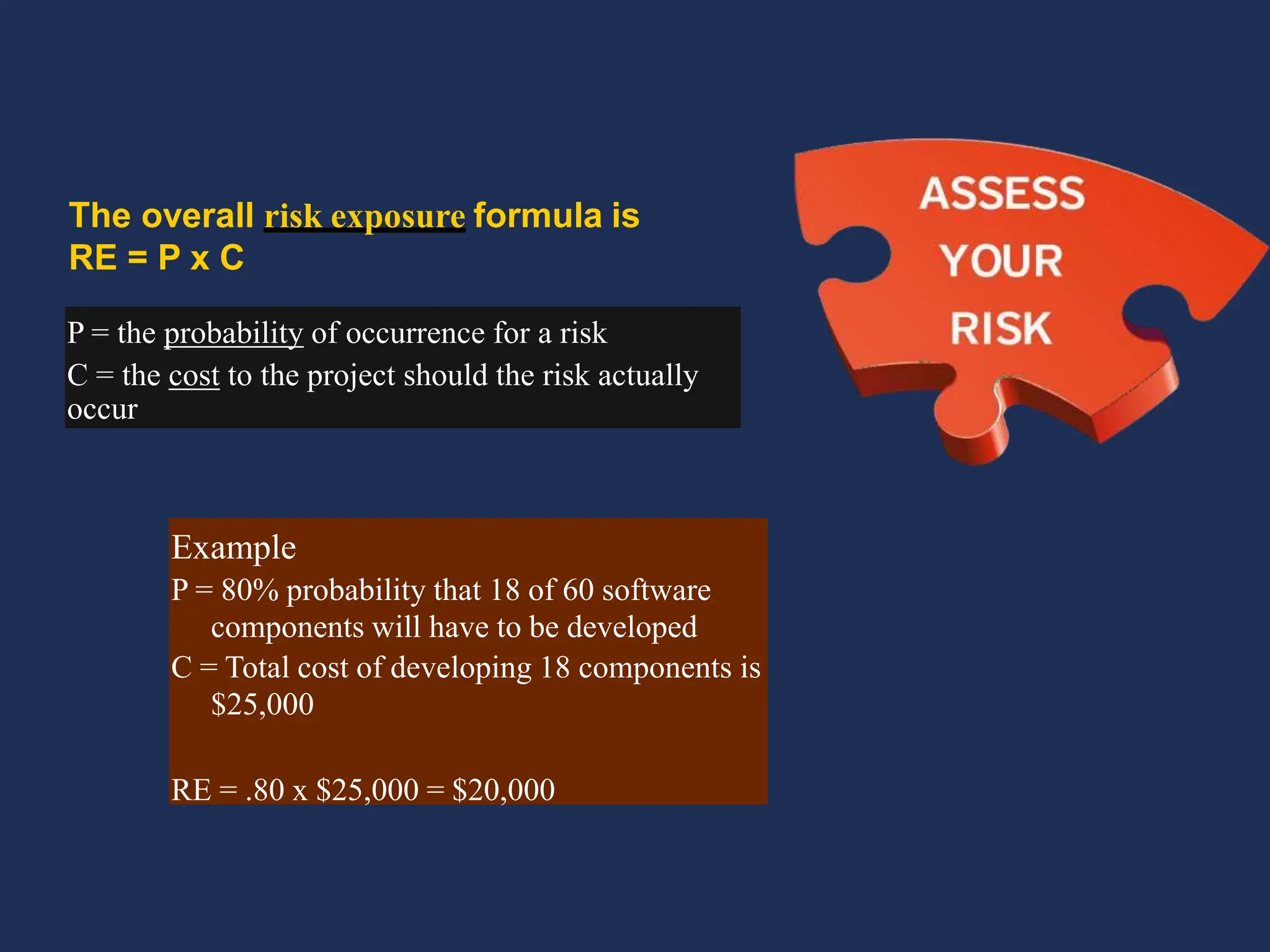 The overall risk exposure formula is
RE = P x C
P = the probability of occurrence for a risk
C = the cost to the project should the risk actually
occur
Example
P = 80% probability that 18 of 60 software
components will have to be developed
C = Total cost of developing 18 components is
$25,000
RE = .80 x $25,000 = $20,000
 