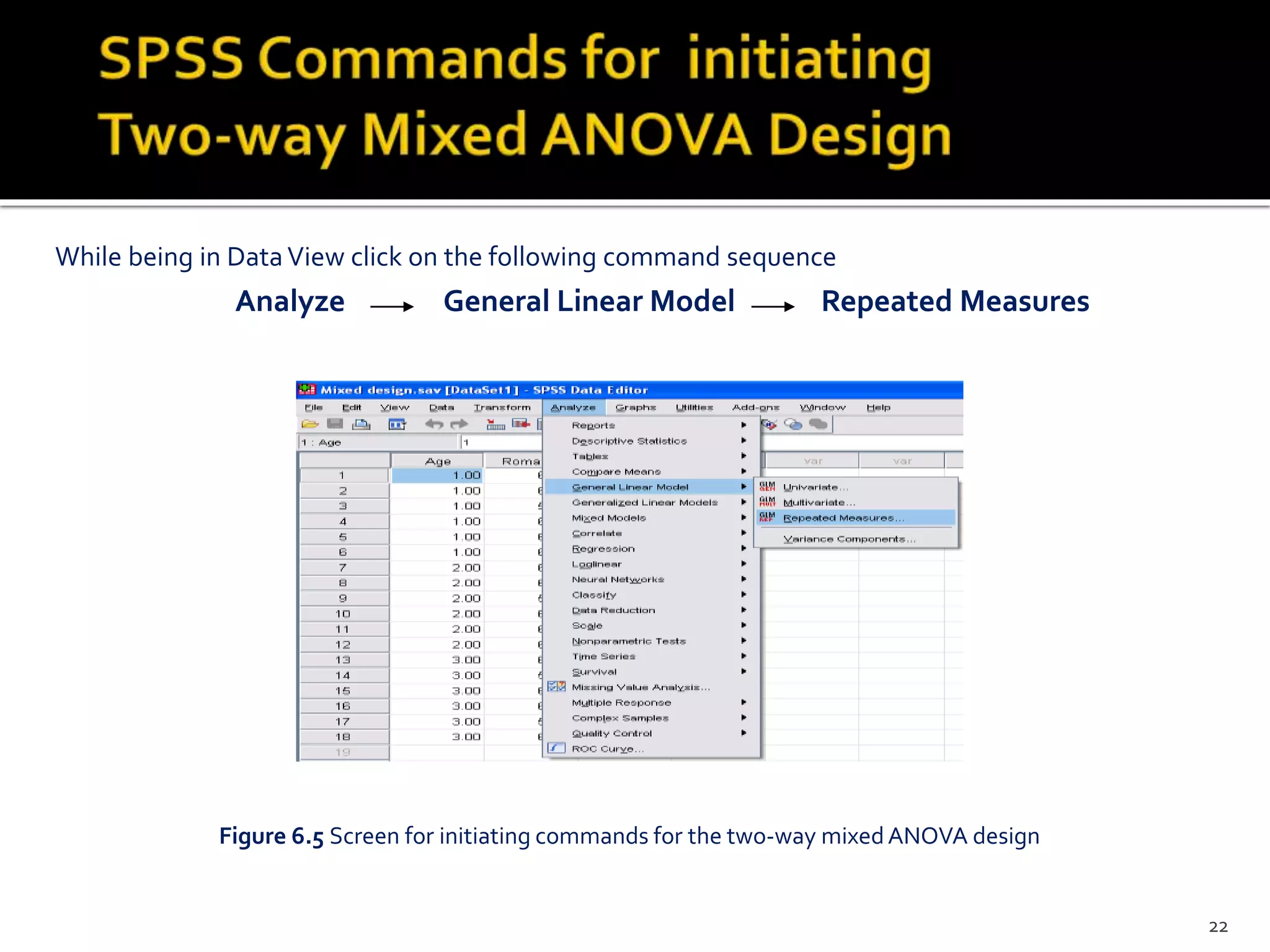 Analyze General Linear Model Repeated Measures
Figure 6.5 Screen for initiating commands for the two-way mixedANOVA design
While being in DataView click on the following command sequence
22
 