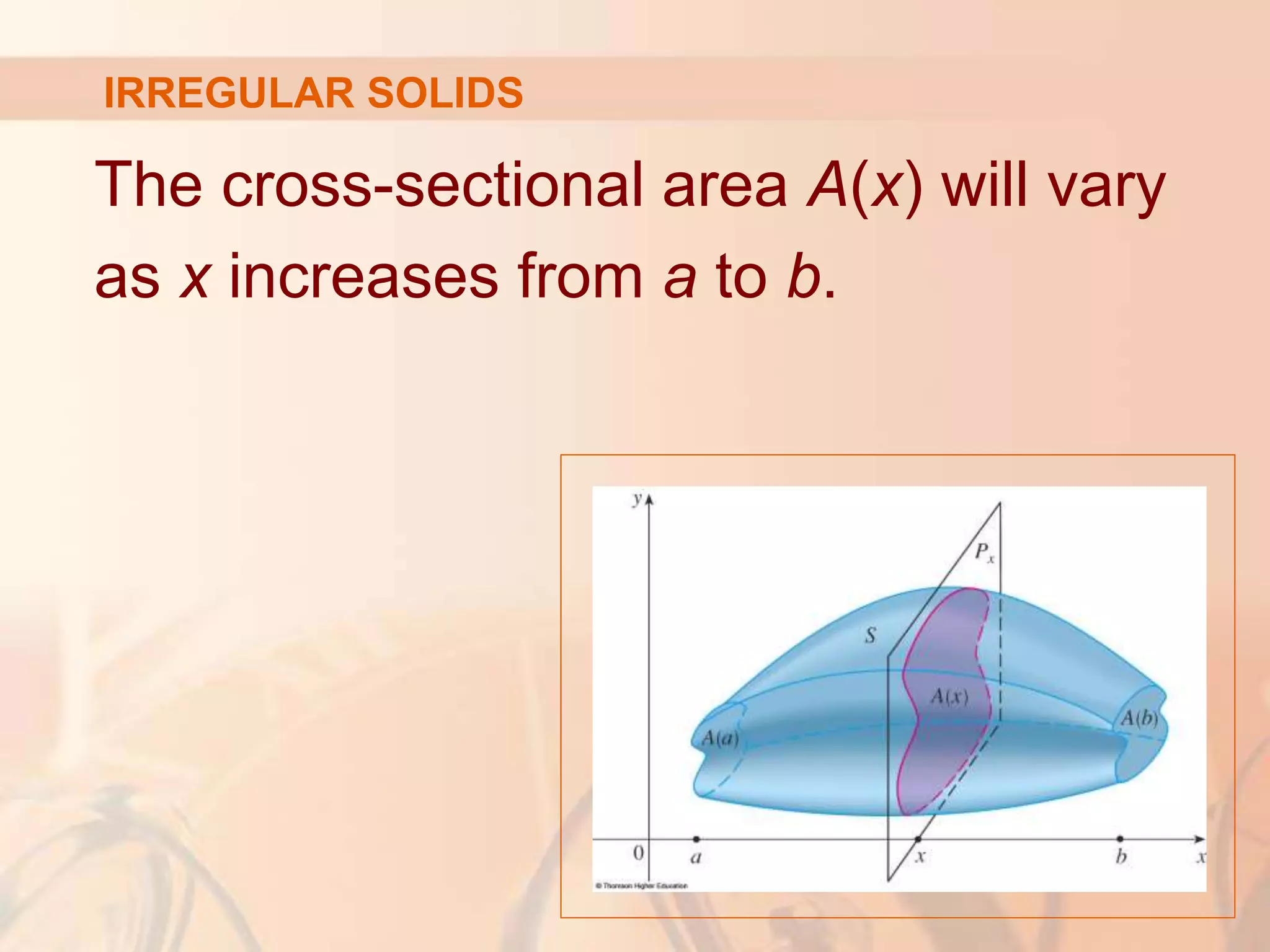 The cross-sectional area A(x) will vary
as x increases from a to b.
IRREGULAR SOLIDS
 