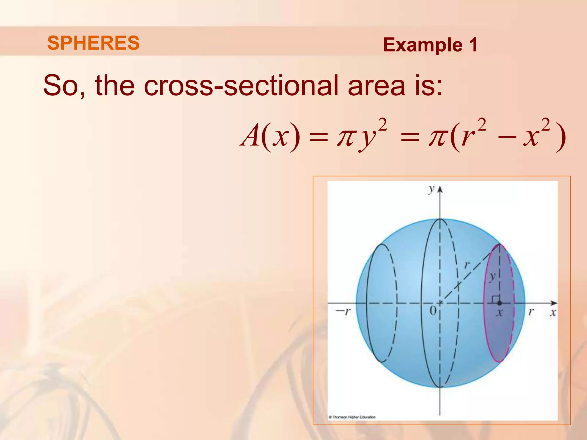 So, the cross-sectional area is:
2 2 2
( ) ( )
A x y r x
 
  
Example 1
SPHERES
 