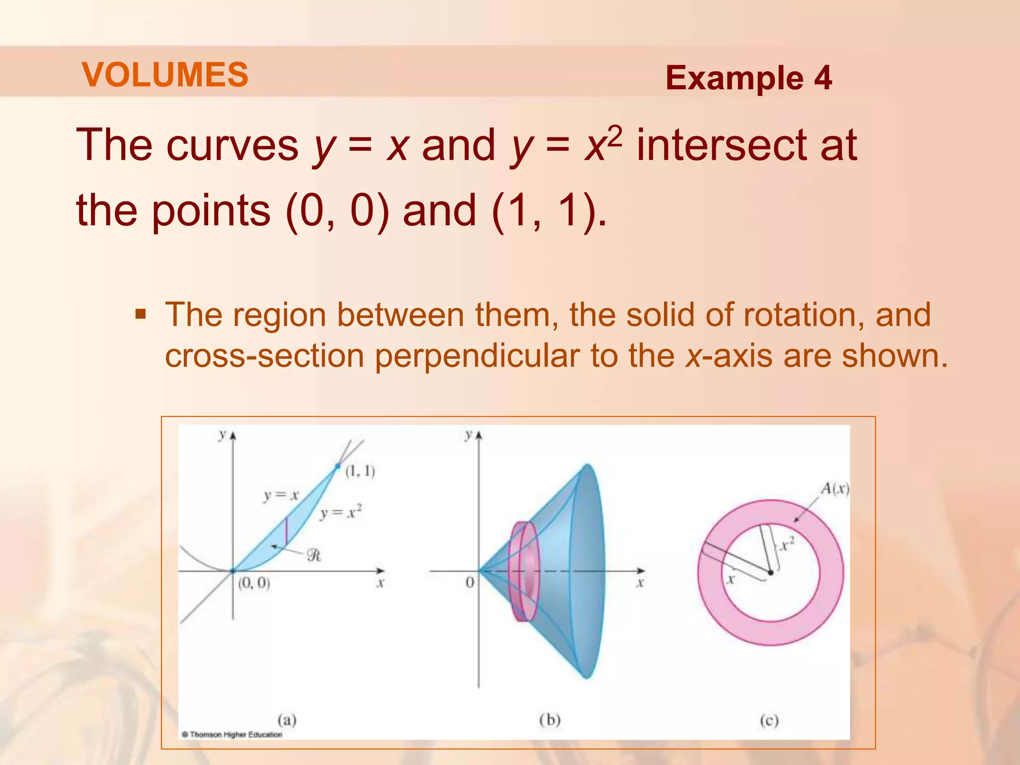 The curves y = x and y = x2 intersect at
the points (0, 0) and (1, 1).
 The region between them, the solid of rotation, and
cross-section perpendicular to the x-axis are shown.
VOLUMES Example 4
 