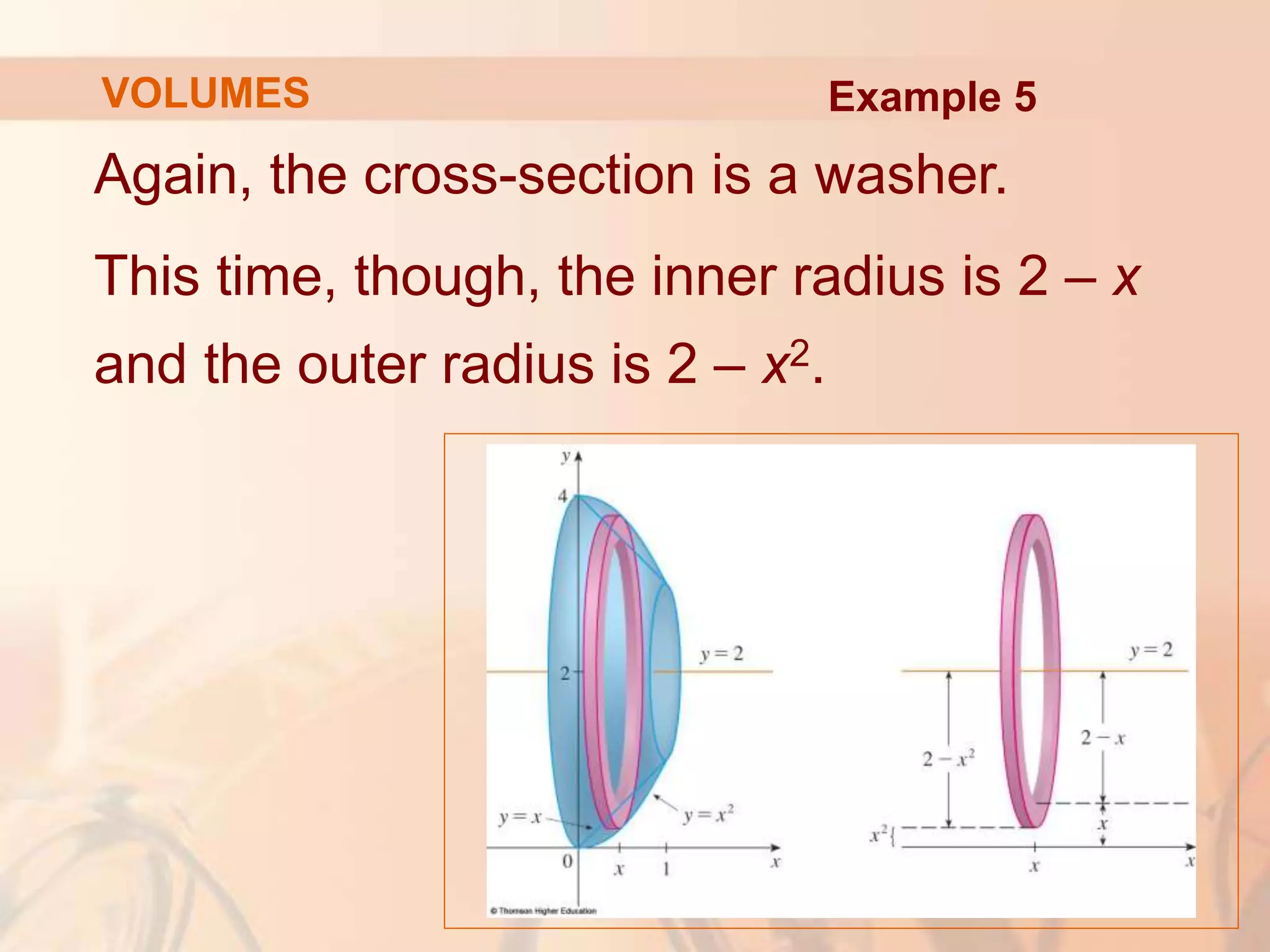 Again, the cross-section is a washer.
This time, though, the inner radius is 2 – x
and the outer radius is 2 – x2.
VOLUMES Example 5
 