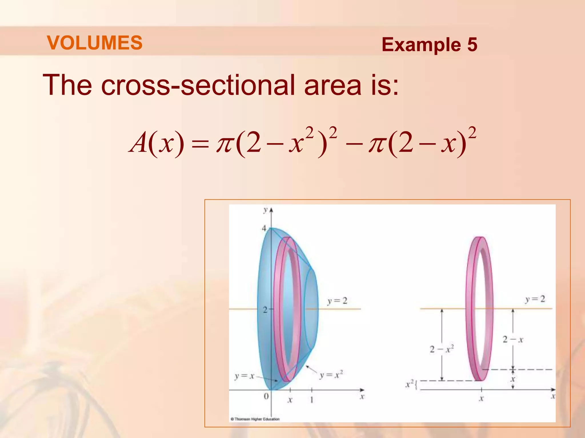 The cross-sectional area is:
2 2 2
( ) (2 ) (2 )
A x x x
 
   
Example 5
VOLUMES
 