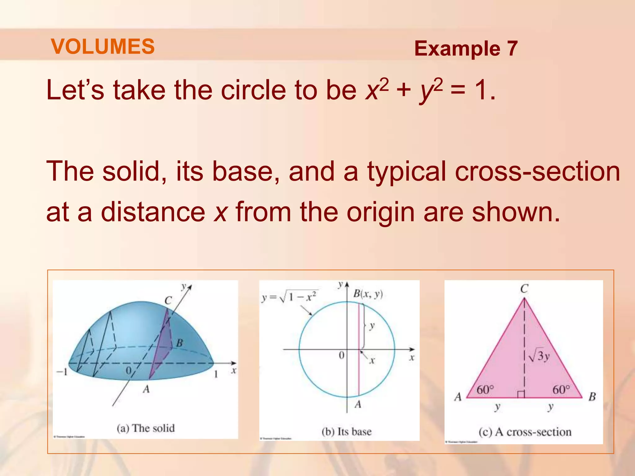 Let’s take the circle to be x2 + y2 = 1.
The solid, its base, and a typical cross-section
at a distance x from the origin are shown.
Example 7
VOLUMES
 