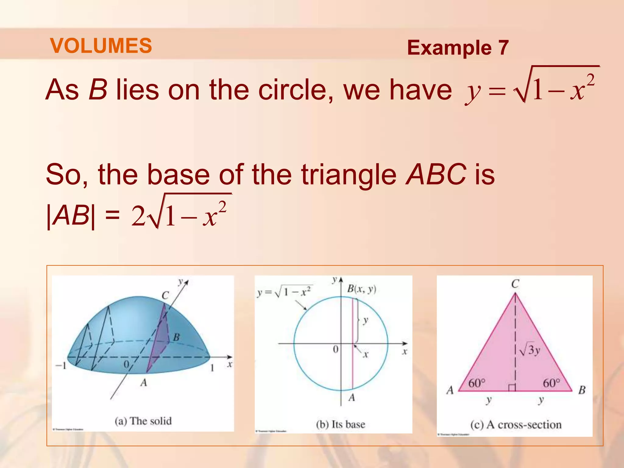 As B lies on the circle, we have
So, the base of the triangle ABC is
|AB| =
2
1
y x
 
2
2 1 x

Example 7
VOLUMES
 