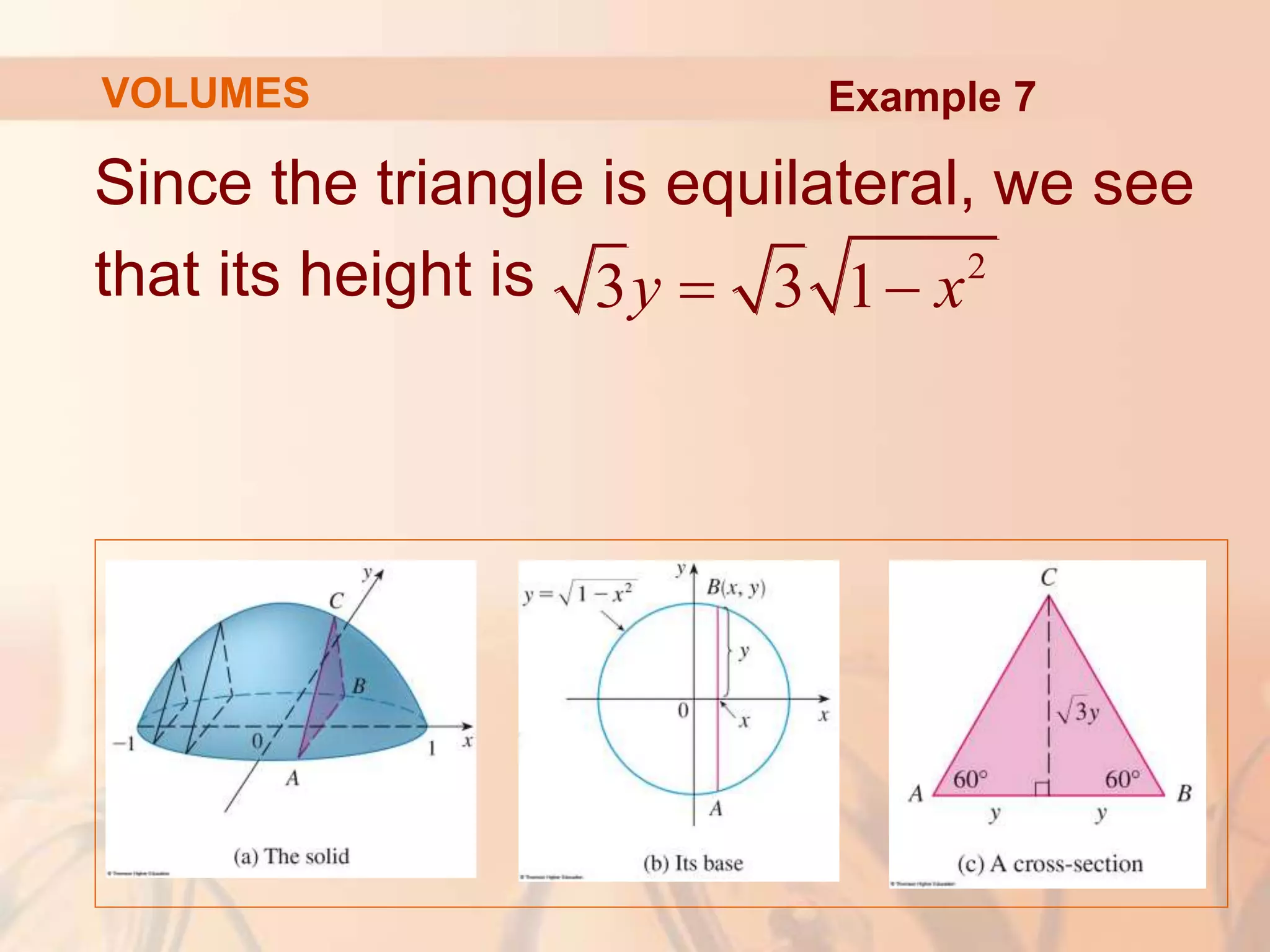 Since the triangle is equilateral, we see
that its height is 2
3 3 1
y x
 
VOLUMES Example 7
 